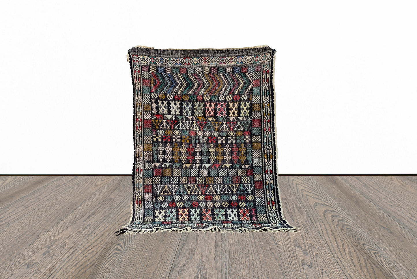 Moroccan small flat weave vintage 3x4 rug.