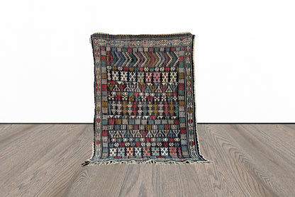 Moroccan small flat weave vintage 3x4 rug.