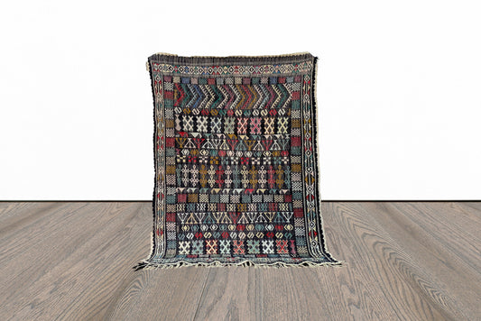Moroccan small flat weave vintage 3x4 rug.
