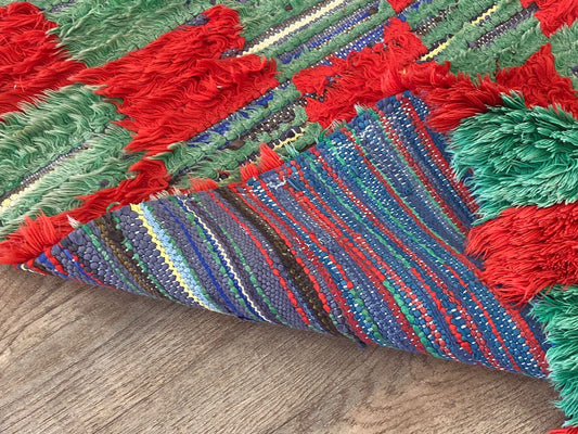 Moroccan checkered red and green 3x6 runner rug.