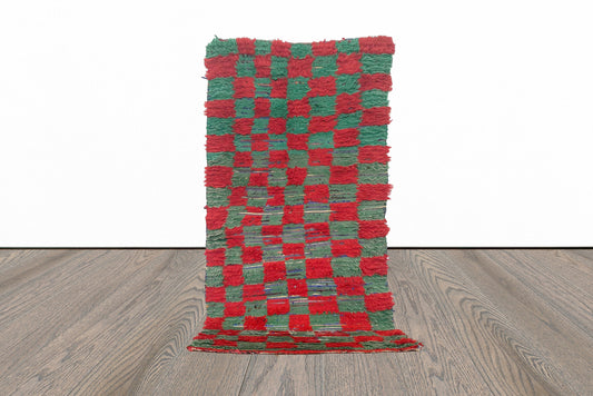 Moroccan checkered red and green 3x6 runner rug.
