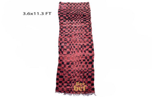 Checkered Moroccan red and black runner rug 4x11.