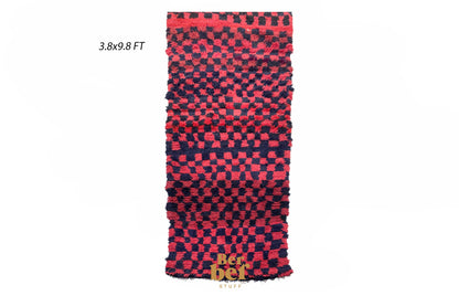 Moroccan red and black checkered runner rug 4x10 ft.