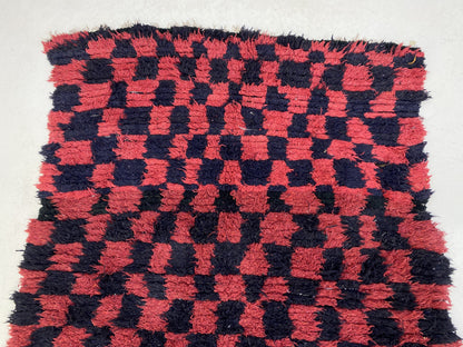 Moroccan red and black checkered runner rug 4x10 ft.