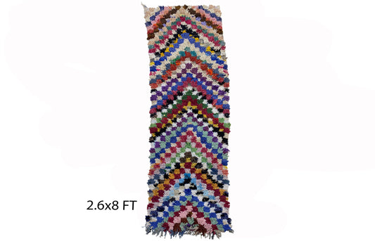 Narrow colorful 3x8 runner rugs, Moroccan checkered rug runner.