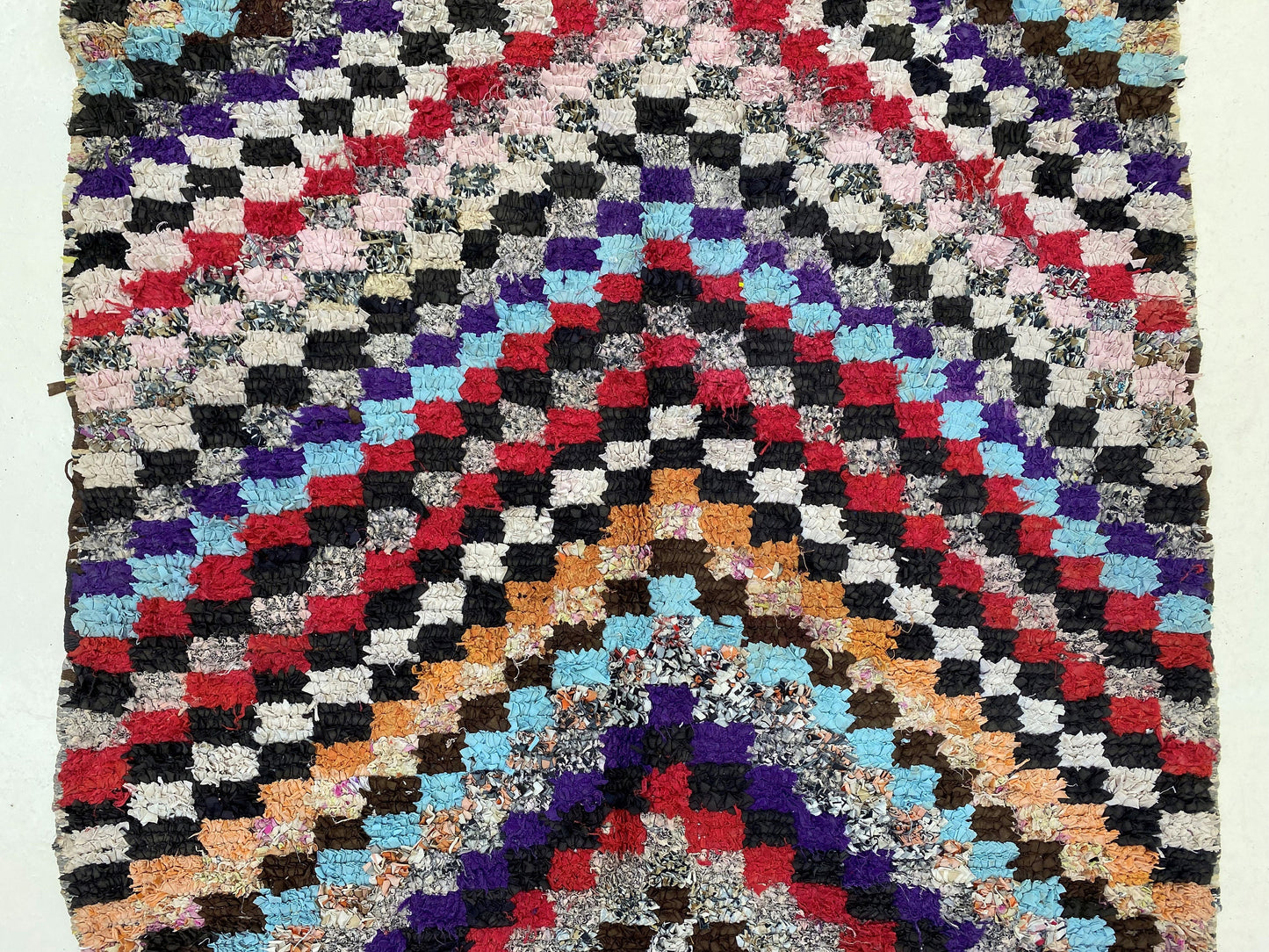 3x6 Moroccan checkered area rug, small vintage colorful rug.