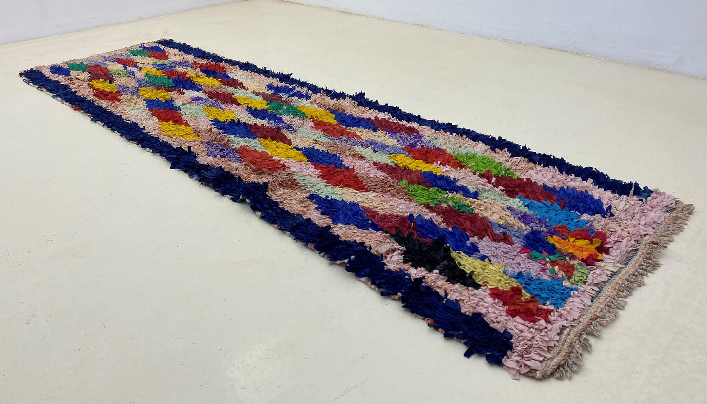3x9 Narrow Moroccan runner rug, Vintage diamond colorful rugs runner.