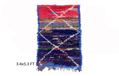 Small Moroccan colorful 3x5 rug, vintage bathroom rug.