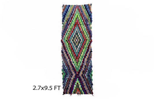 Vintage checkered 3x9.5 rug runner, diamond colorful runner rug.
