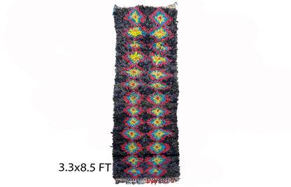 Moroccan colorful 3x9 runner rug, Berber diamond rug runner.