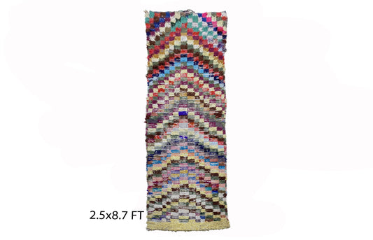 Moroccan checkered 2.5x9 runner rug, vintage colorful rug runner.