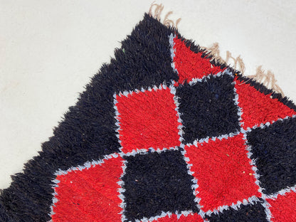 Moroccan Black and Red 4x7 rugs, diamond vintage rug.