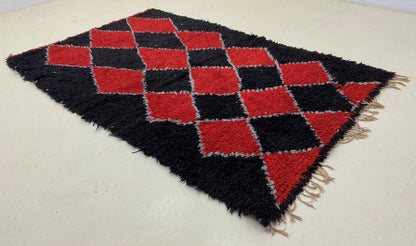 Moroccan Black and Red 4x7 rugs, diamond vintage rug.