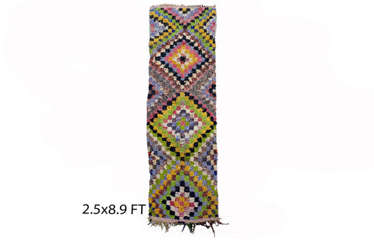 Moroccan colorful runner rug 3x9, checkered diamond rug runner.
