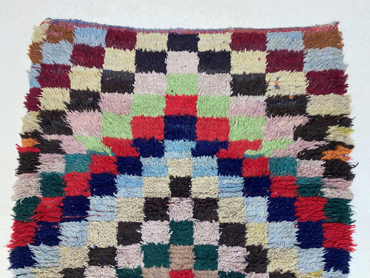 Checkered vintage 4x10 runner rug, colorful Berber rug runner.
