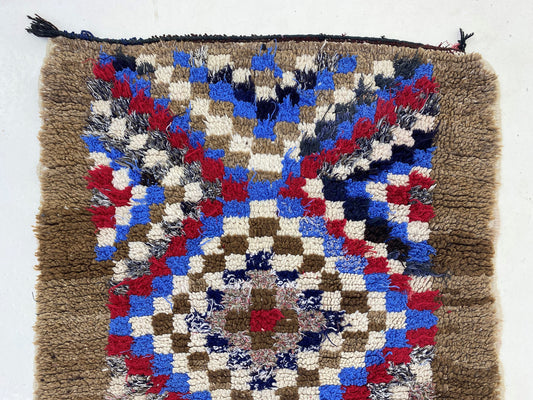 Small Moroccan checkered 3x5 rug, vintage colorful area rugs.