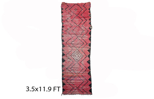 Narrow vintage red runner rug 4x12, Moroccan Berber rug runner.