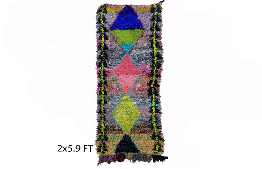 Moroccan diamond colorful rug runner2x6, vintage Boucherouite runner rug.