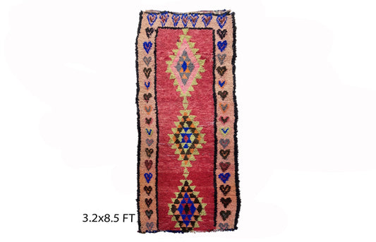 Colorful vintage runner rug 3x9, Moroccan diamond rug runner.