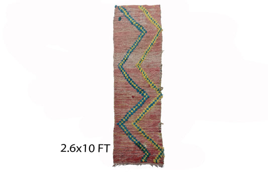 Long vintage colorful woven runner rug 3x10, Moroccan Berber rug runner.