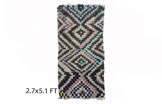 Small vintage checkered area rug 3x5, Moroccan colorful old rugs.
