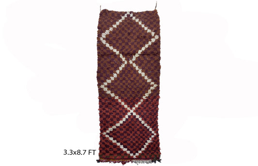 Moroccan checkered runner rug 3x9, vintage Berber rug runner.