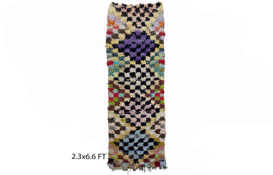 Berber checkered runner rug 2x7, Moroccan vintage rug runner.