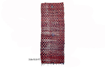 Moroccan checkered runner rug 4x11, red and black rug runner.