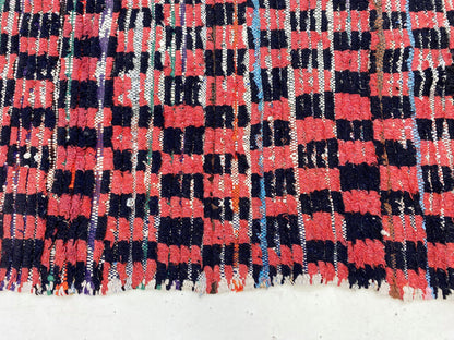 Moroccan checkered runner rug 4x11, red and black rug runner.