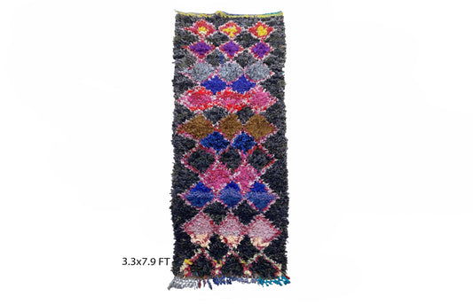 Boucherouite woven runner rug 3x8, vintage Moroccan runner rug.