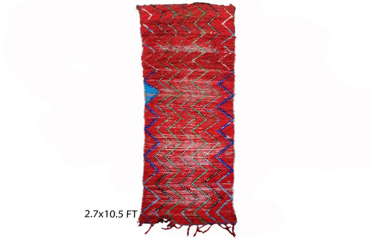 Moroccan Berber red runner rug 3x10.5 , Long vintage rug runner.