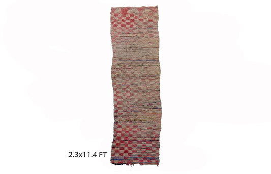 Extra narrow checkered runner rug 2x11, Moroccan Berber rug runner.