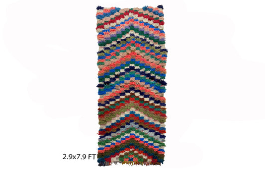 Narrow Checkered runner rug 3x8, vintage colorful rug runner.