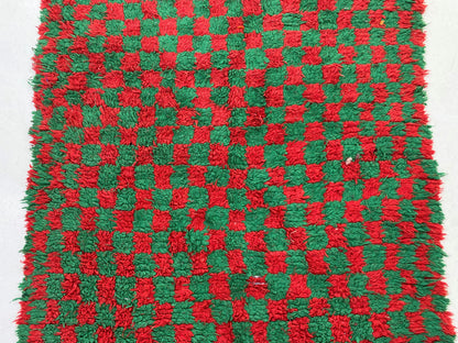 Checkered red and green rug 5x8, Moroccan vintage area rug.