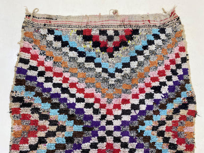 3x6 Moroccan checkered area rug, small vintage colorful rug.