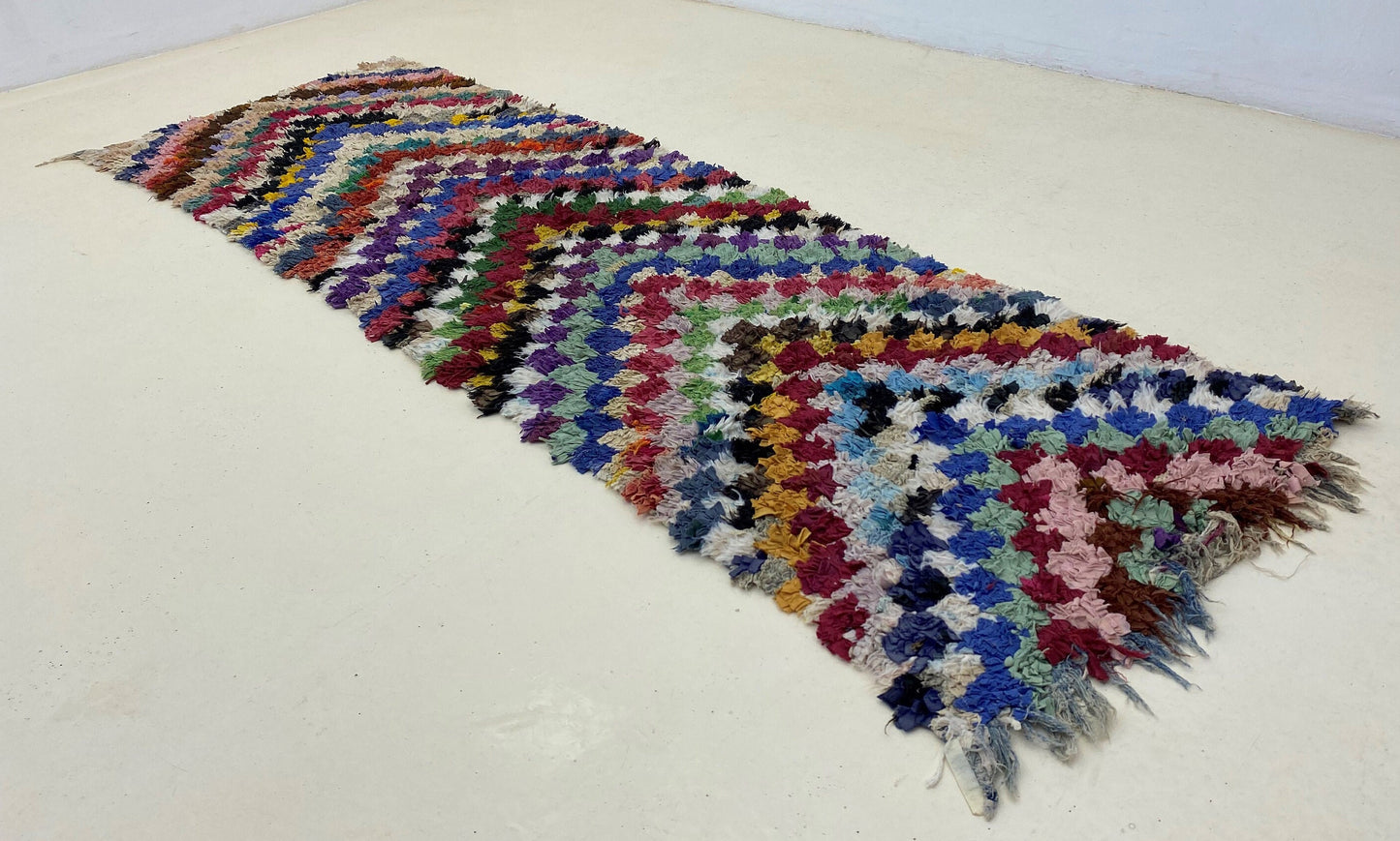 Narrow colorful 3x8 runner rugs, Moroccan checkered rug runner.