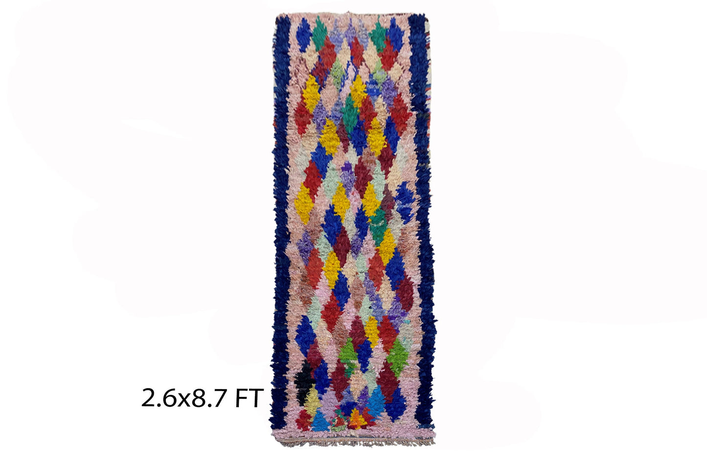 3x9 Narrow Moroccan runner rug, Vintage diamond colorful rugs runner.
