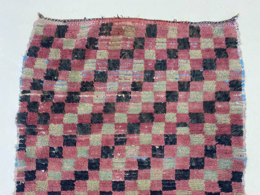 Vintage Checkered rug 3x6, small Moroccan Berber rug.