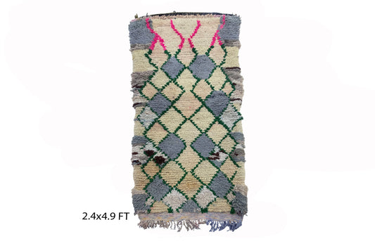 Small Moroccan vintage rug 2x5, Diamond colorful Berber rug.