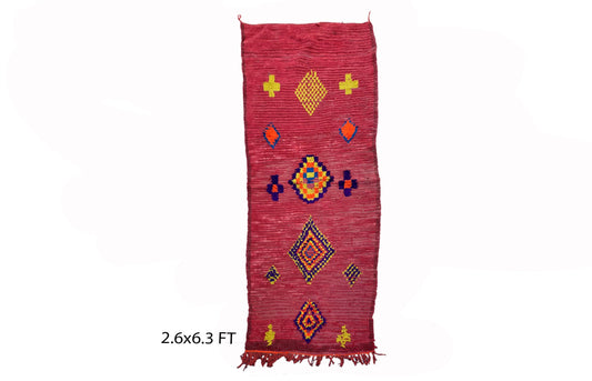 Vintage diamond red rug 3x6, Moroccan flat weave rug.