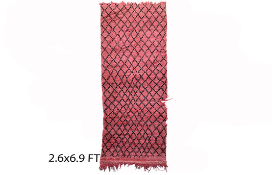 Moroccan black and pink grid runner, vintage 3x7 rug runner.