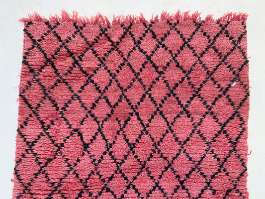 Moroccan black and pink grid runner, vintage 3x7 rug runner.