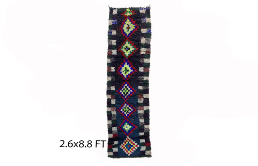 Moroccan multi color 3x9 runner rug, long vintage rug runner.