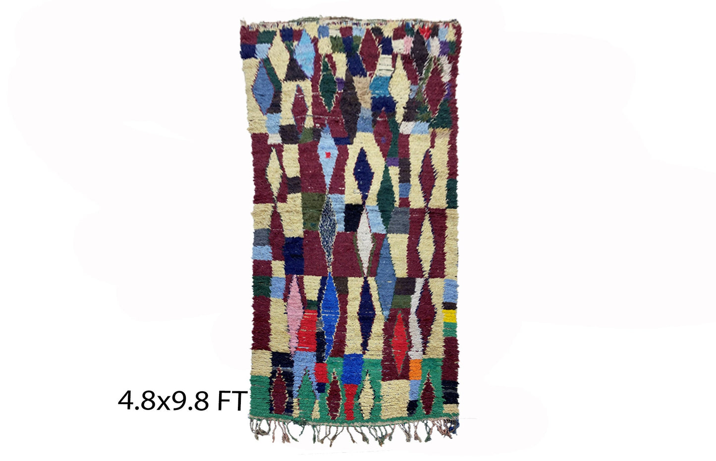 Large Moroccan diamond 5x10 rug, colorful vintage area rugs.
