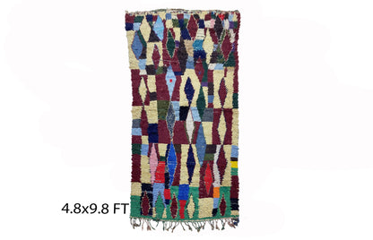 Large Moroccan diamond 5x10 rug, colorful vintage area rugs.