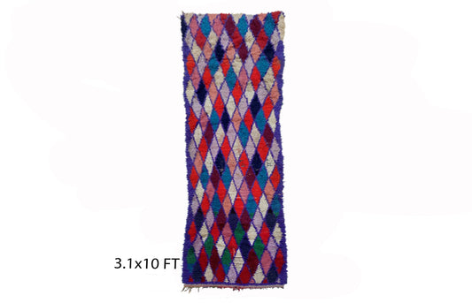 Moroccan Berber 3x10 runner rug, diamond colorful rug runner.