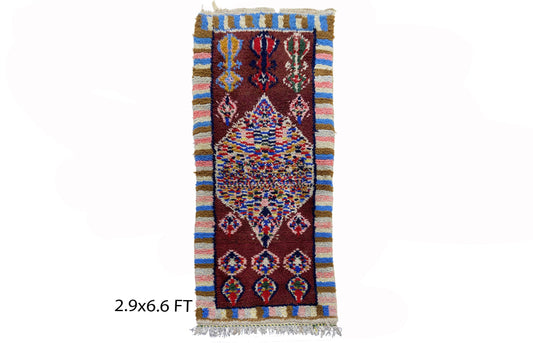 Long colorful area 3x7 rug, vintage Moroccan rug.