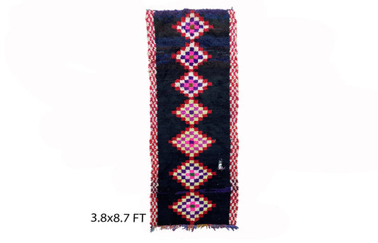 Moroccan diamond 4x9 runner rug, Narrow vintage rug runner.