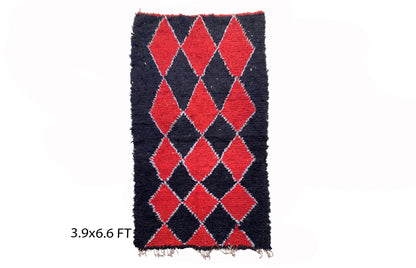 Moroccan Black and Red 4x7 rugs, diamond vintage rug.