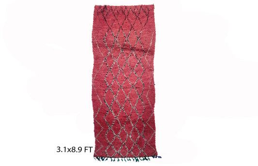 Vintage grid red 3x9 rug runner, long Moroccan runner rug.